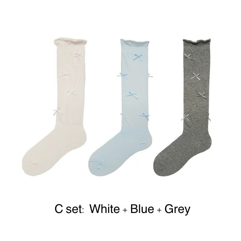 Kawaii Ballet Style Bow Socks 3 Pairs Cotton Thin Summer Slouchy Crew Socks for Girls